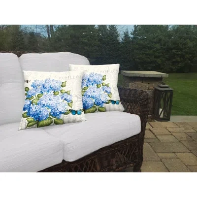Laural Home Papillon Hydrangea Blue Floral Polyester Indoor/outdoor Throw Pillow In Green
