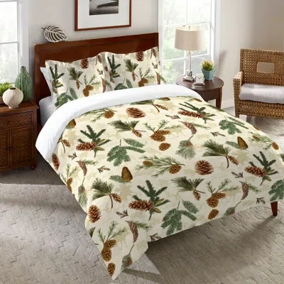 Laural Home Pinecone Microfiber Duvet Cover In Green;cream