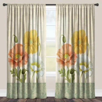 Laural Home Poppies Floral Sheer Rod Pocket Single Curtain Panel