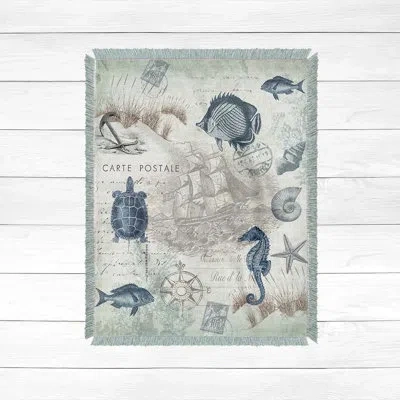 Laural Home Seaside Postcard 100% Cotton Throw In Brown;beige;navy