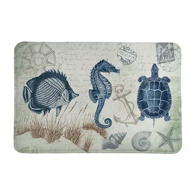 Laural Home Seaside Postcard Memory Foam Bath Rug In Blue