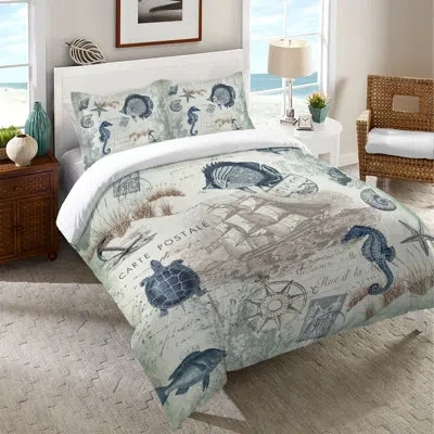 Laural Home Seaside Postcard Microfiber Duvet Cover In Blue;beige