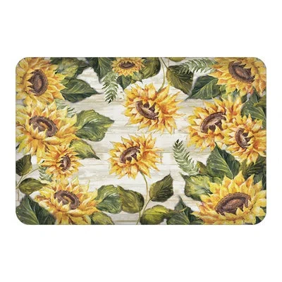 Laural Home Sunflowers On Shiplap Floral Synthetic Water Resistant Anti-fatigue Non-skid Kitchen Mat In Multi