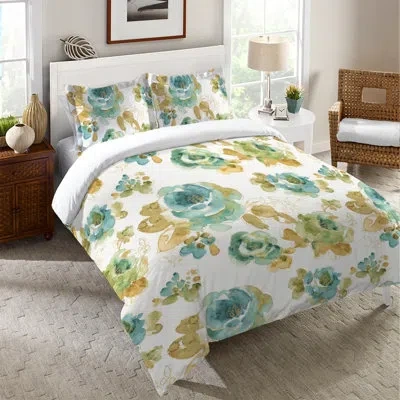 Laural Home Teal Gold Floral Floral Duvet Cover In Blue;white