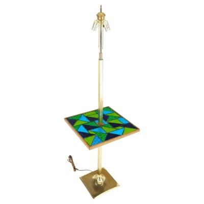 Pre-owned Laurèl Green Blue Art Glass Square Mosaic Top Side End Table Floor Lamp Mid-century