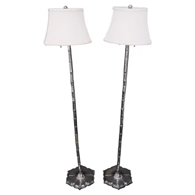 Pre-owned Laurèl Pair Of Cast Lotus Shape Bases Chrome Faux Bamboo Mid-century Modern Floor Lamps In Transparent