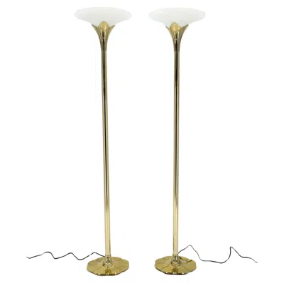 Pre-owned Laurèl Pair Of Clover Shape Base Trumpet Shades Brass Floor Lamps C1970s In Sand