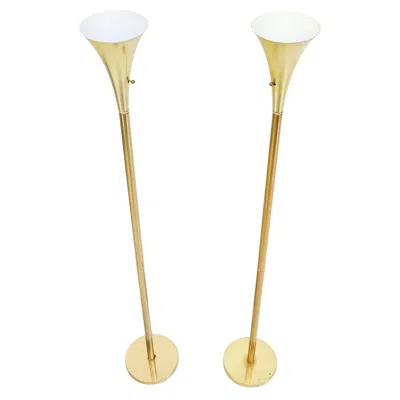 Pre-owned Laurèl Pair Of Mid Century Modern Brass Trumpet Shape Floor Lamps Torcheres In Sand