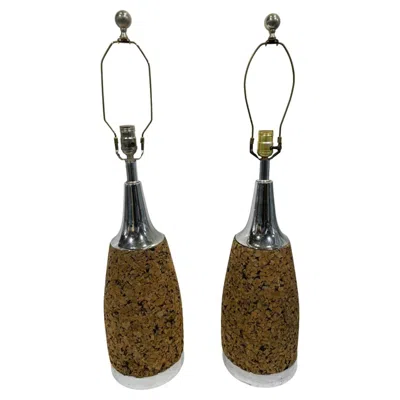 Pre-owned Laurèl Pair Of Mid-century Modern Cork And Chrome Table Lamps Of Bottle Form In Brown
