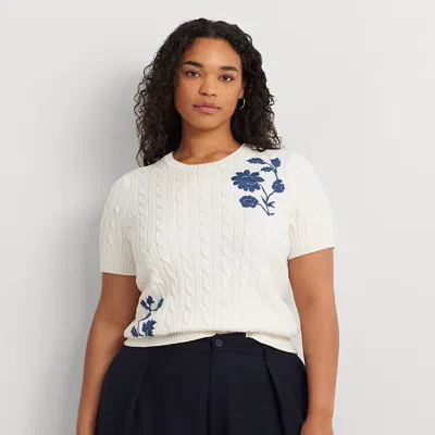 Lauren Curve Curve - Floral Cable-knit Short-sleeve Jumper In White