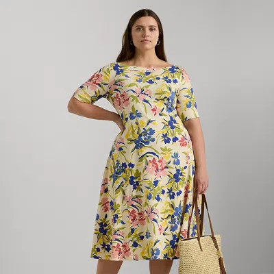 Lauren Curve Curve - Floral Stretch Cotton Midi Dress In Multi