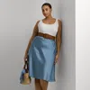 Lauren Curve Curve - Polka-dot Satin Charmeuse Midi Skirt In Blue