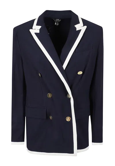 Laurèn Double-breasted Stretch Cotton Piqué Blazer With Contrasting Piping In Blue