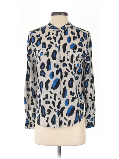 Pre-owned Lauren Gold Long Sleeve Silk Top Blue Animal Print Pattern Mock Neckline Tops