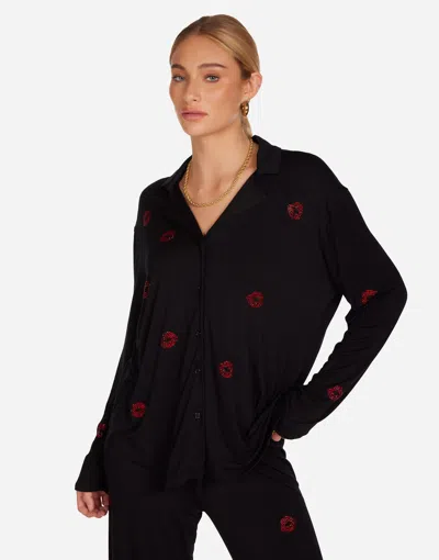 Lauren Moshi Alison Red Crystal Lips Pajama Set In Black