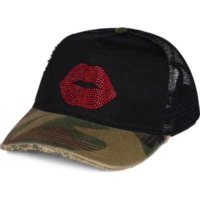 Lauren Moshi Jilly Crystal Red Lip Trucker Hat In Black