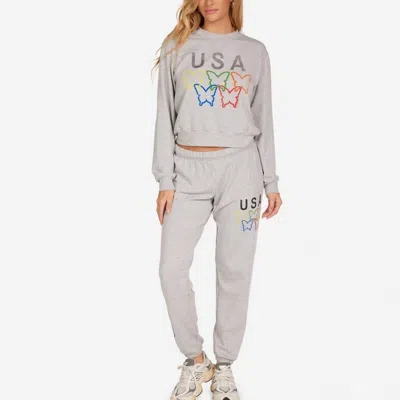 Lauren Moshi Spalding Usa Butterflies Sweatshirt And Matching Joggers In Heather Grey In Gray