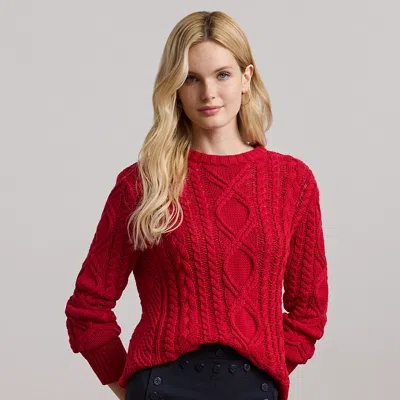 Lauren Petite Aran-knit Cotton-blend Crewneck Sweater In Festive Red