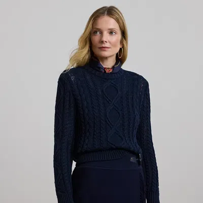 Lauren Petite Aran-knit Cotton-blend Crewneck Sweater In Lauren Navy