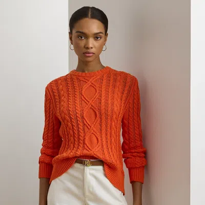 Lauren Petite Aran-knit Cotton-blend Crewneck Sweater In Orange Lily