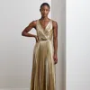 Lauren Petite Belted Metallic Chiffon Surplice Gown In Tan/light Gold Foil
