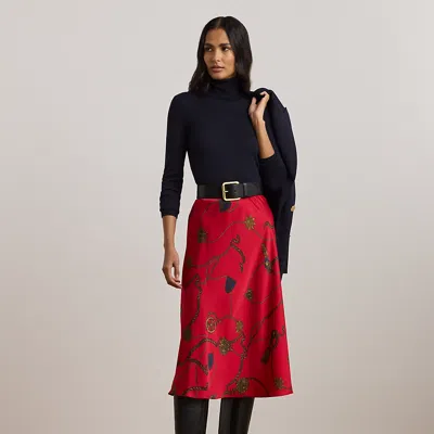 Lauren Petite Belting-print Satin Charmeuse Midi Skirt In Red Multi