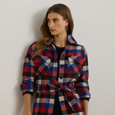 Lauren Petite Buffalo Check Belted Twill Shirt Jacket In Red/black/blue Multi