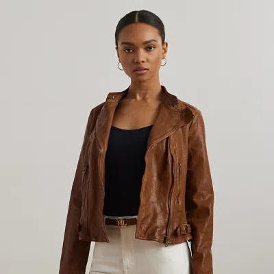 Lauren Petite Burnished Leather Moto Jacket In Dark Walnut