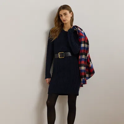 Lauren Petite Button-trim Aran-knit Sweater Dress In Lauren Navy