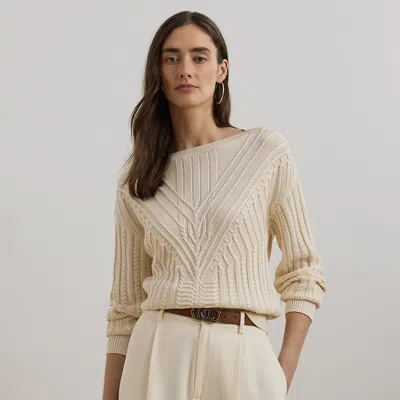 Lauren Petite Cable-knit Cotton-blend Boatneck Sweater In Mascarpone Cream