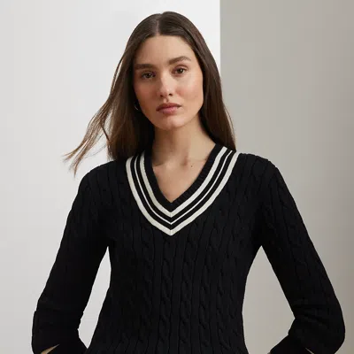 Lauren Petite Cable-knit Cotton Cricket Sweater In Black/mascarpone Cream