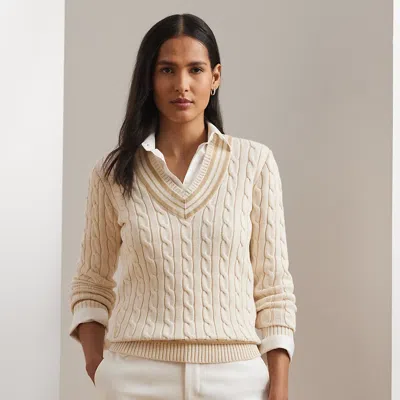 Lauren Petite Cable-knit Cotton Cricket Sweater In Mascarpone Cream/sand