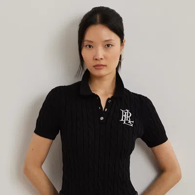 Lauren Petite Cable-knit Cotton Polo Sweater In Black
