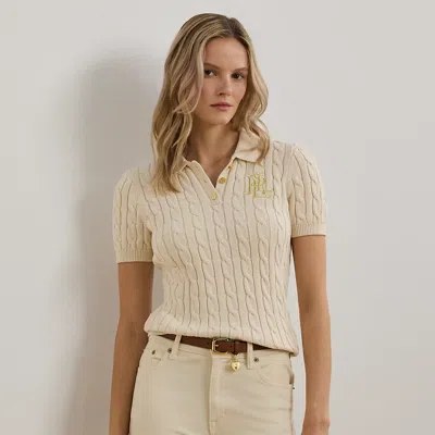 Lauren Petite Cable-knit Cotton Polo Sweater In Mascarpone Cream