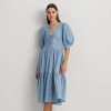 Lauren Petite Chambray Puff-sleeve Dress In Medium Chambray Wash