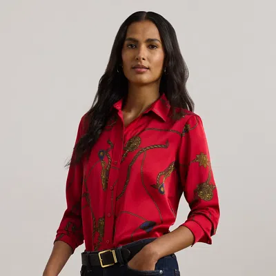 Lauren Petite Classic Fit Print Satin Charmeuse Shirt In Red Multi