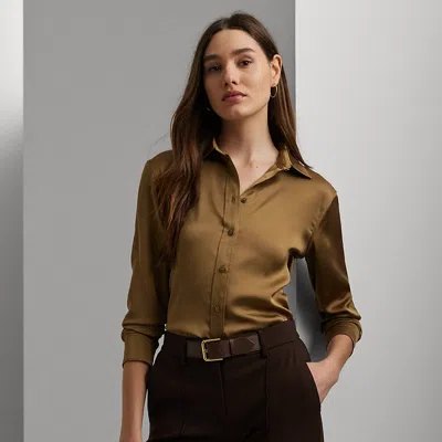 Lauren Petite Classic Fit Satin Charmeuse Shirt In Honey Tan