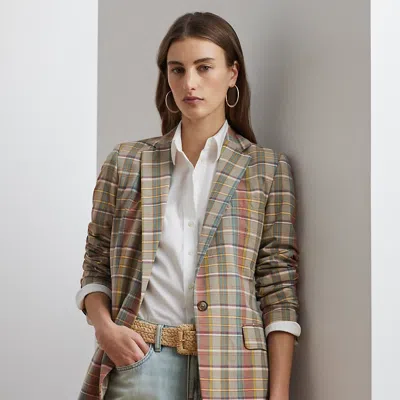 Lauren Petite Cotton Madras Blazer In Green/tan/blue Multi