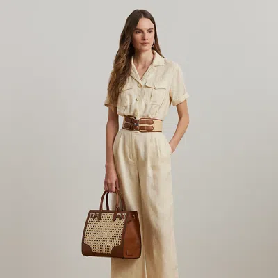 Lauren Petite Embroidered Linen Short-sleeve Jumpsuit In Ivory Beige