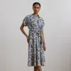 Lauren Petite Floral Belted Crepe Dress In Blue Multi