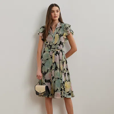 Lauren Petite Floral Belted Georgette Shirtdress In Black/pink/green