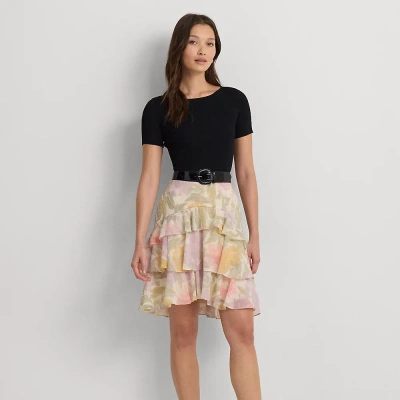 Lauren Petite Floral Crinkle Georgette Tiered Skirt In Cream Multi