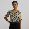 Lauren Petite Floral Georgette Ruffle-trim Blouse In Black/pink/green