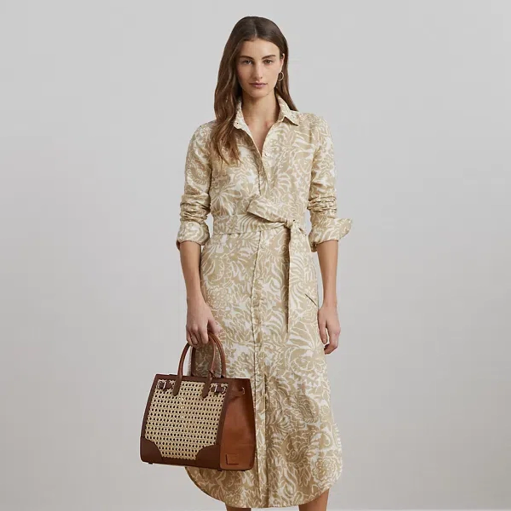 Lauren Petite Floral Linen Shirtdress In Cream/tan | ModeSens
