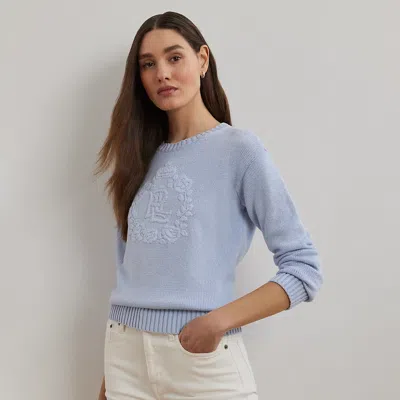 Lauren Petite Floral-logo Combed Cotton Sweater In Cornflower Blue