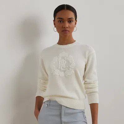 Lauren Petite Floral-logo Combed Cotton Sweater In White