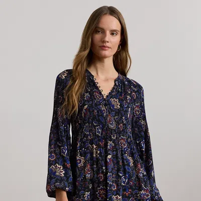 Lauren Petite Floral Pleated Georgette Blouse In Navy Multi