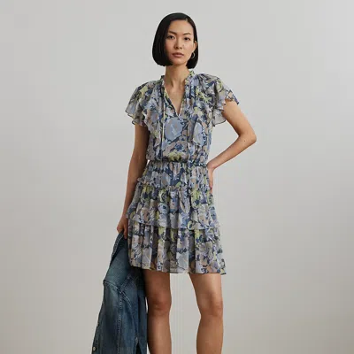 Lauren Petite Floral Ruffle-trim Georgette Dress In Blue Multi