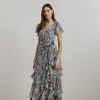 Lauren Petite Floral Ruffle-trim Georgette Gown In Blue Multi
