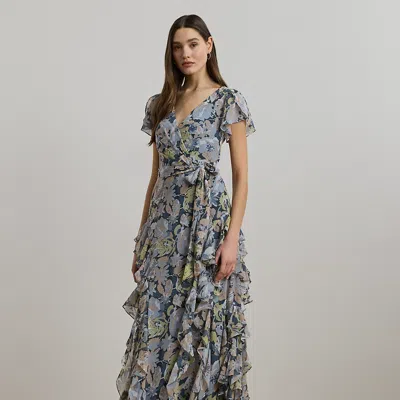 Lauren Petite Floral Ruffle-trim Georgette Gown In Blue Multi